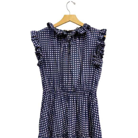 Tucker Navy Check Print Ruffle Midi Dress Silk Cotton Blend Sleeveless size M - Picture 3 of 7